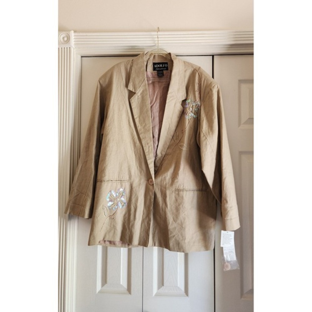 NWT Linen Blend Blazer All Over Embroidered Sequins Neutral Lagenlook Sz Large